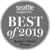 The image is a gray circular badge with "Seattle Magazine Best of 2019 Readers' Choice Winner" written on it.