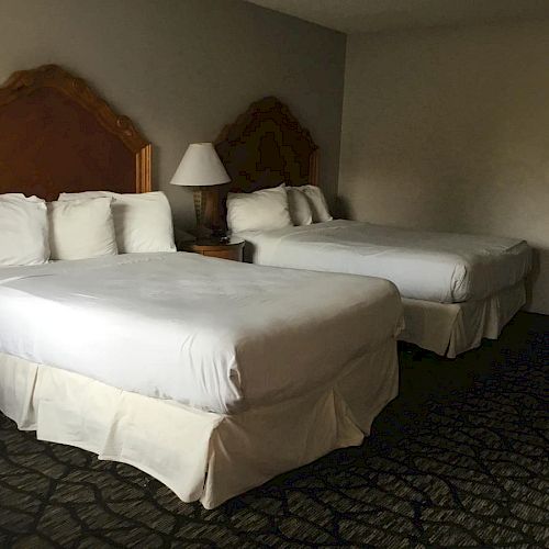 The image shows a hotel room with two neatly made beds, a bedside table with a lamp, and patterned carpeting. The walls are plain.